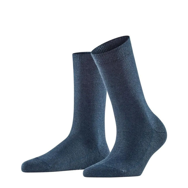 FALKE Family SO 46490 damessokken in gemêleerd donkerblauw, effen model met geribde boorden. - Jambelles
