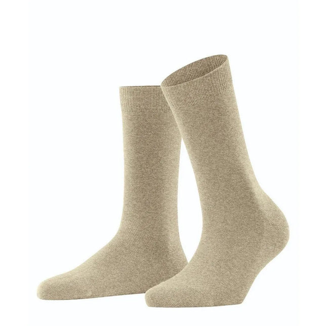 FALKE Family SO 46490 damessokken in gemêleerd beige, effen fijngebreid met geribde boord. - Jambelles