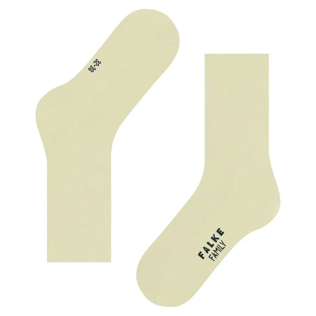 Lichtgele FALKE Family SO 46490 damessokken, effen model met donker logo en maataanduiding onder de voet. - Jambelles