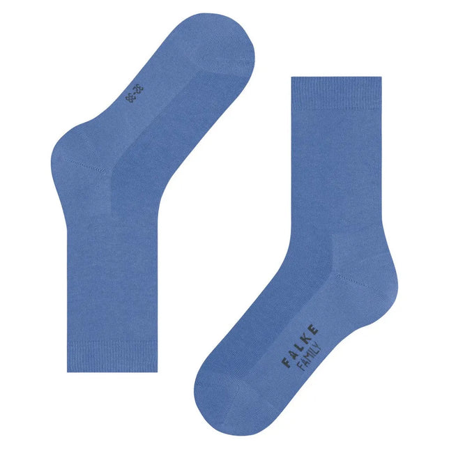 Blauwe dames sokken FALKE Family SO 46490, effen model met geribde boorden en FALKE Family-logo op de voetzool. - Jambelles