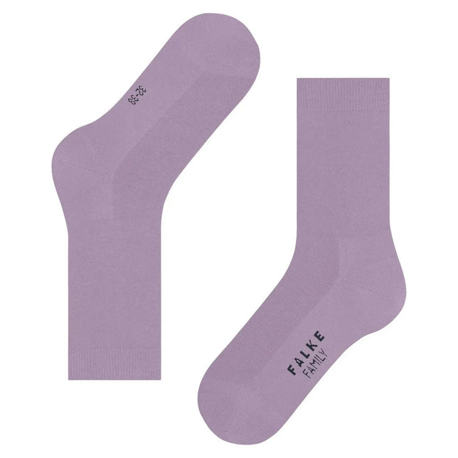 Paar lila dames sokken FALKE Family SO 46490 met effen ontwerp, geribde boord en donker logo onder de voet. - Jambelles