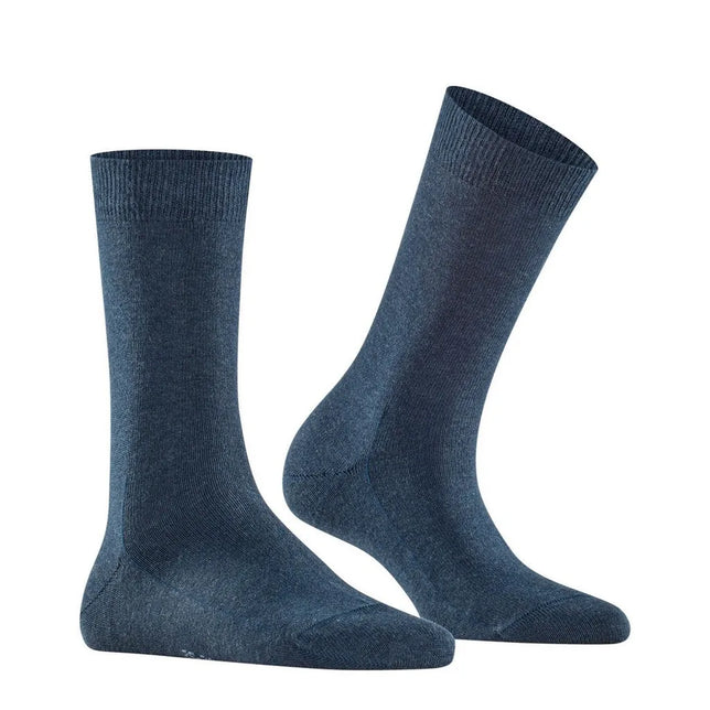 FALKE Family SO 46490 damessokken in gemêleerd donkerblauw met fijngebreid ontwerp en geribde boord. - Jambelles