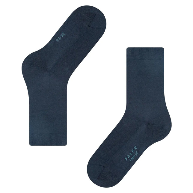 Dames sokken FALKE Family SO 46490 in donkerblauw, effen paar met geribde boord en lichtblauw logo onder de voet - Jambelles