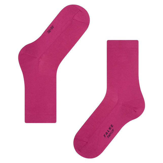 Dames sokken FALKE Family SO 46490 in fuchsia, effen met zwarte logo- en maatopdruk, getoond vanuit twee hoeken. - Jambelles