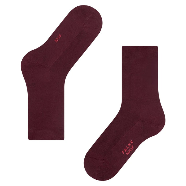 Bordeauxrode dames sokken FALKE Family SO 46490 met effen design, geribde boord en roze logo op de zool. - Jambelles