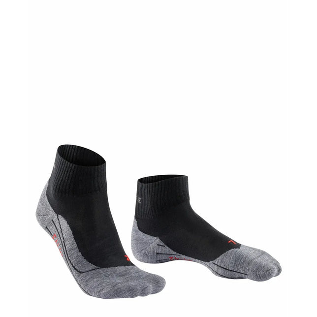 Dames sokken FALKE TK5 Sh W 16473 in zwart-grijs, met geribde boord, grijze hiel en teen en rode details. - Jambelles