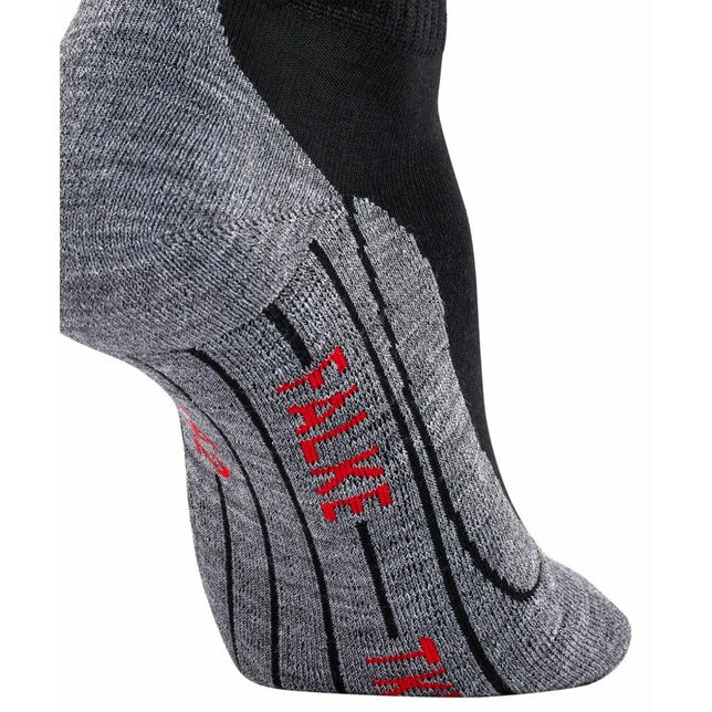 Grijs-zwarte FALKE TK5 Sh W 16473 damessok met verstevigingszones, strepen en rood gebreid logo. - Jambelles