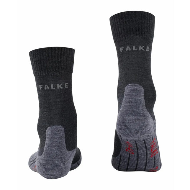 Dames sokken FALKE TK5 W 16243 in donkergrijs, met lichtgrijze verstevigde hiel, rode details en FALKE-logo. - Jambelles