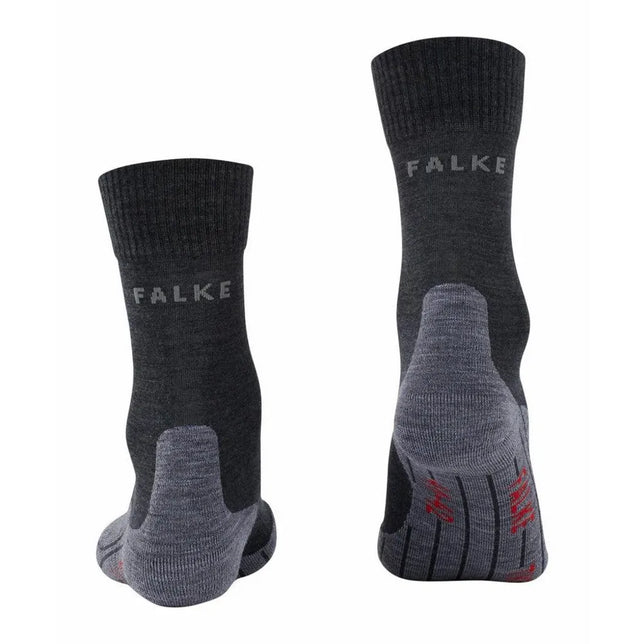FALKE TK5 W 16243 damessokken in donkergrijs met lichtgrijze verstevigde hielen, rode details en FALKE-logo. - Jambelles