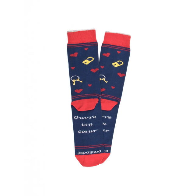Dore Dore Saint Valentin herensokken, marineblauw met rode harten, gele sloten en sleutels en rode boorden en tenen - Jambelles