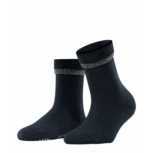 Falke dames Anti-Slip Cuddle Pads 47540 huissokken in donkerblauw met ribstructuur, grijze boord en antislipnoppen. - Jambelles