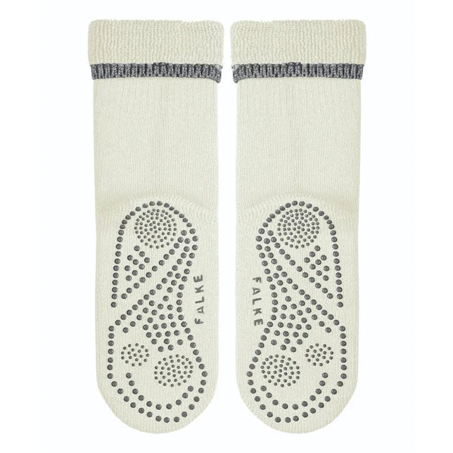 Falke dames Anti-Slip Cuddle Pads 47540 in crème, met grijze boordstreep en antislipnoppen op de zool. - Jambelles