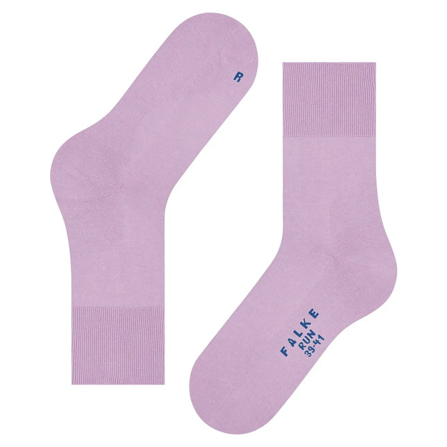 Falke Run Sock 16605 dames- en herensportsokken in lila met geribde boord en blauwe logo-opdruk. - Jambelles