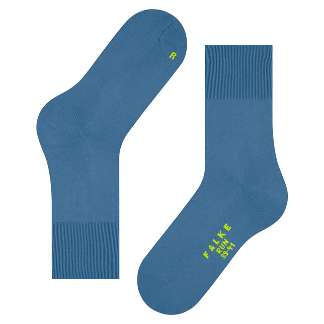 Blauwe Falke Run Sock 16605 sportsokken voor dames en heren met geribde boorden en limegroene logo-opdruk. - Jambelles