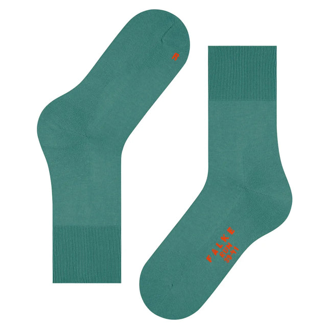 Paar turquoise Falke Run Sock 16605 sportsokken voor dames en heren met ribboord en oranje logo en R-markering - Jambelles