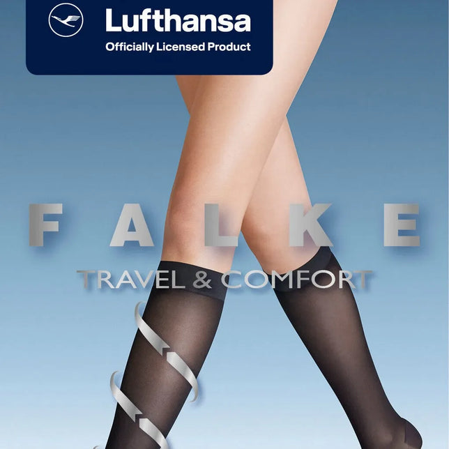 Falke dameskniekousen Energize Kneehigh 30 41763 in transparant zwart, met brede boord op gekruiste benen. - Jambelles