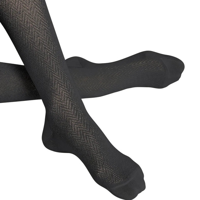 Falke damesmaillot Fable Estate Tight 48435 in zwart, met subtiel ajourpatroon en verstevigde tenen. - Jambelles