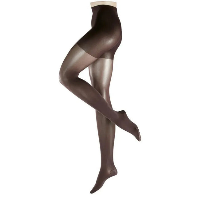 Falke Dames Panty Leg Energizer 50 Tight in donkerbruin, semi-transparant met donker broekgedeelte en brede tailleband. - Jambelles