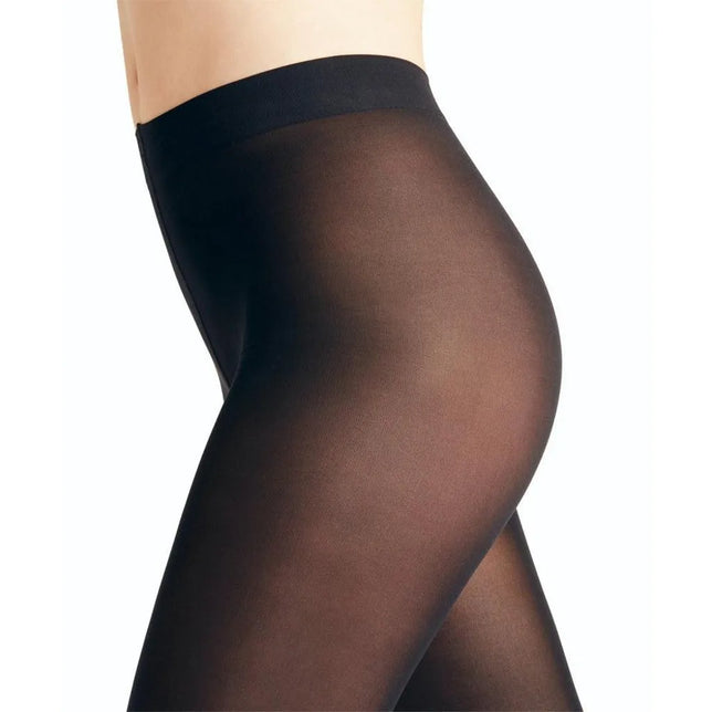Falke damespanty Matt Deluxe 30 LE 40631 in zwart, semi-transparant en mat met brede tailleband, zijaanzicht. - Jambelles