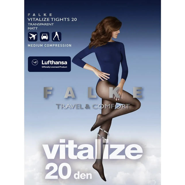 Falke Vitalize TI 20 40542 damespanty in transparant mat zwart, getoond op een model met gekruiste benen. - Jambelles