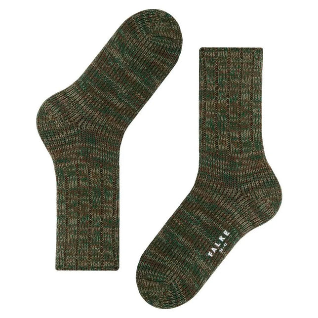 Paar Falke heren sokken Brooklyn SO 12430 in groen-bruin gemêleerd breisel met ribstructuur en wit logo. - Jambelles
