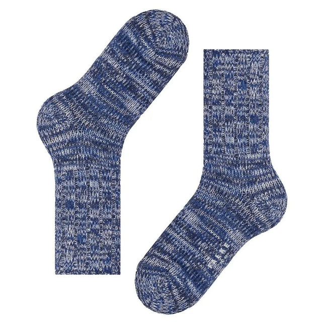 Falke heren sokken Brooklyn SO 12430 in blauw gemêleerd breisel met ribstructuur en Falke-logo op de voet - Jambelles