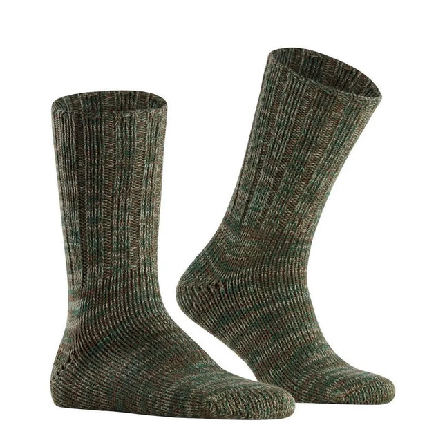 Falke heren sokken Brooklyn SO 12430 in groen-bruin gemêleerd breisel met ribstructuur, afgebeeld als paar. - Jambelles