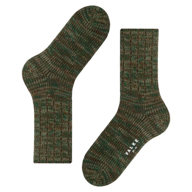 Falke herensokken Brooklyn SO 12430 in groen-bruin gemêleerd breisel met ribstructuur en wit logo. - Jambelles