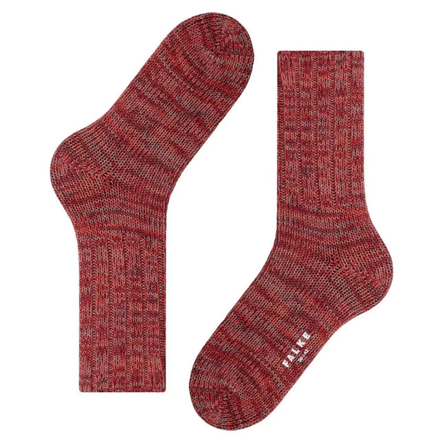 Falke Heren Sokken Brooklyn SO 12430 in rood gemêleerd breisel met geribde boorden en wit Falke-logo. - Jambelles