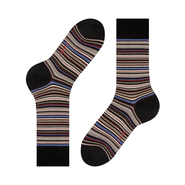 Falke Heren Sokken Microblock SO 14041 in zwart met fijne strepen in blauw, rood, grijs en beige. - Jambelles