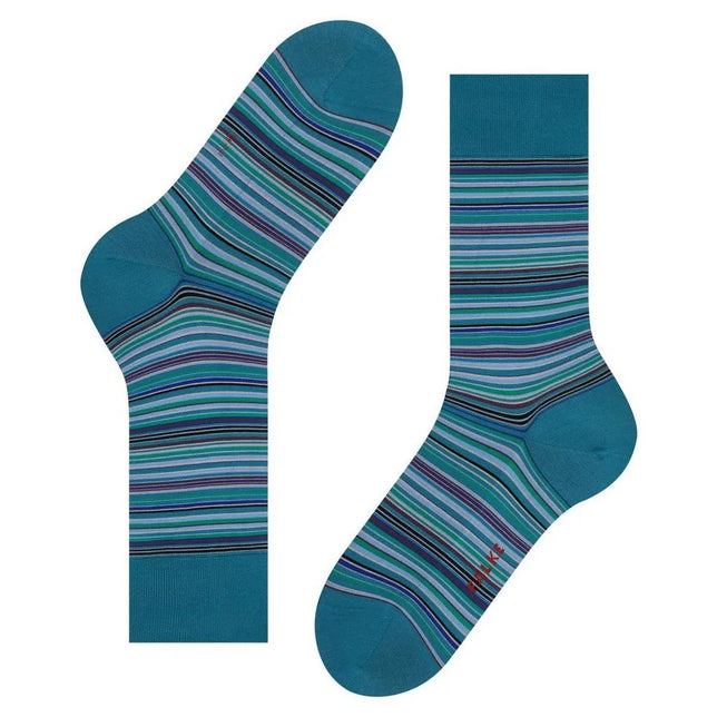 Falke Heren Sokken Microblock SO 14041 in turquoise met fijne strepen in blauw, groen, paars en zwart - Jambelles