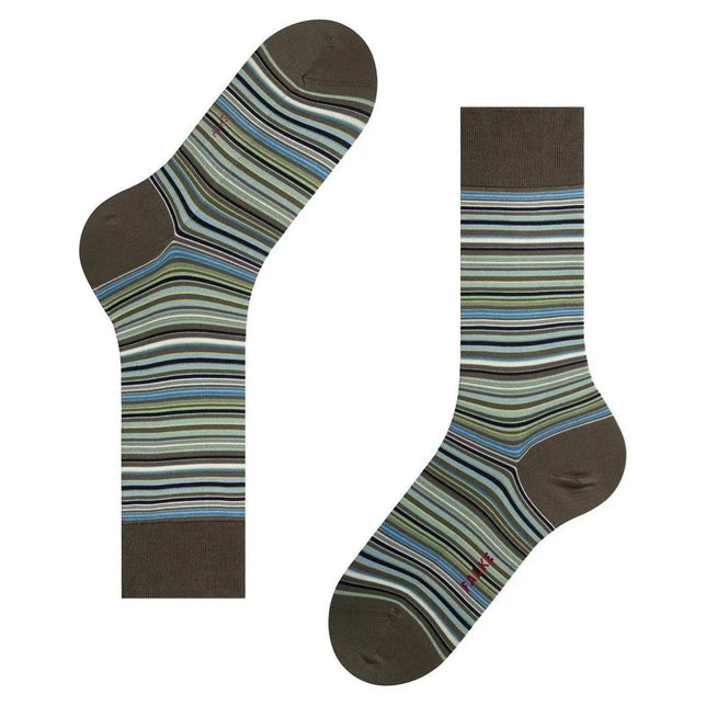 Falke Microblock SO 14041 herensokken in donkerbruin met fijne strepen in blauw, groen, zwart en wit. - Jambelles