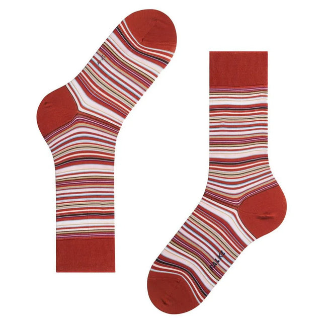 Falke Microblock SO 14041 herensokken in roestrood met fijne horizontale strepen in wit, blauw, roze en beige. - Jambelles