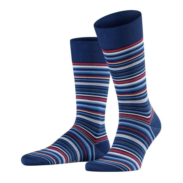 Falke heren sokken Microblock SO 14041 in donkerblauw met fijne horizontale strepen in blauw, wit en rood. - Jambelles