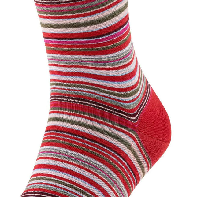 Falke heren sok Microblock SO 14041 in rood met fijne veelkleurige horizontale strepen en een effen rode hiel. - Jambelles
