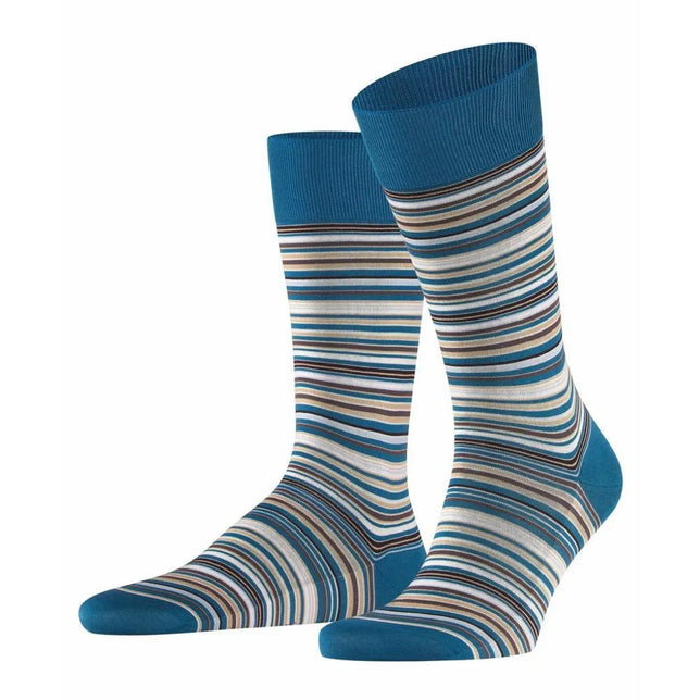 Paar Falke heren sokken Microblock SO 14041 in petrolblauw met fijne strepen in wit, beige, grijs en bruin. - Jambelles