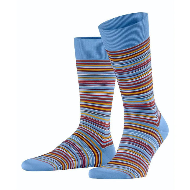 Falke heren sokken Microblock SO 14041 in lichtblauw met fijne horizontale strepen in rood, geel, wit en donkerblauw. - Jambelles