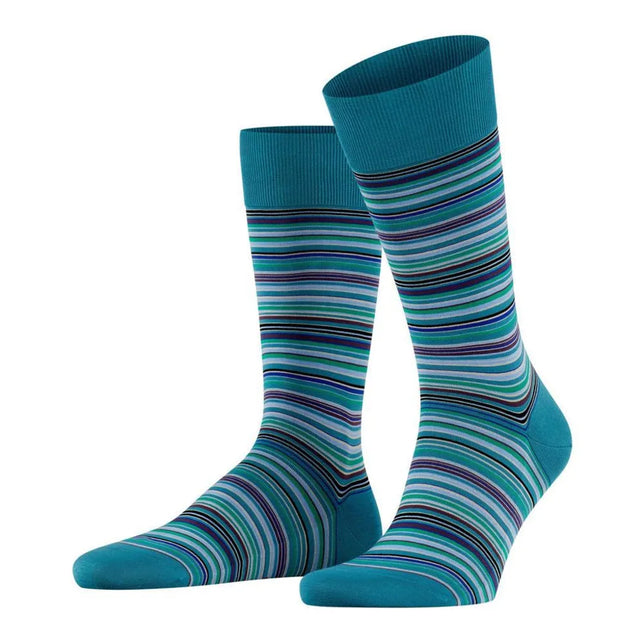 Falke Microblock SO 14041 herensokken in turquoise met fijne horizontale strepen in blauw, groen, paars en wit. - Jambelles