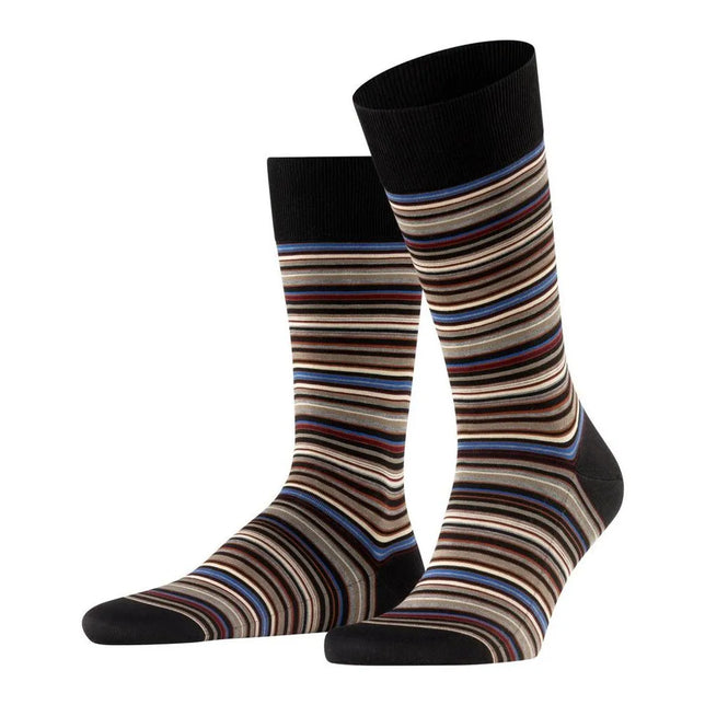 Falke heren sokken Microblock SO 14041 in zwart met fijne horizontale strepen in blauw, rood, beige en grijs. - Jambelles