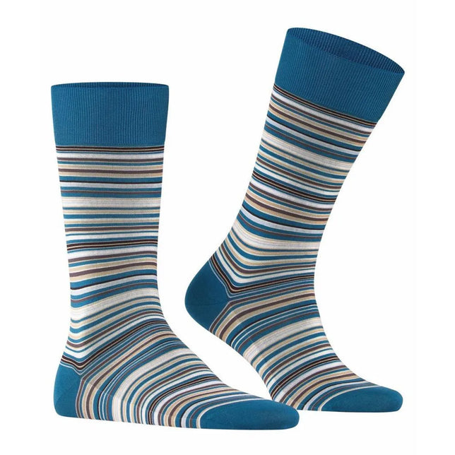Falke Heren Sokken Microblock SO 14041 in petrolblauw met fijne horizontale strepen in wit, beige en bruin. - Jambelles