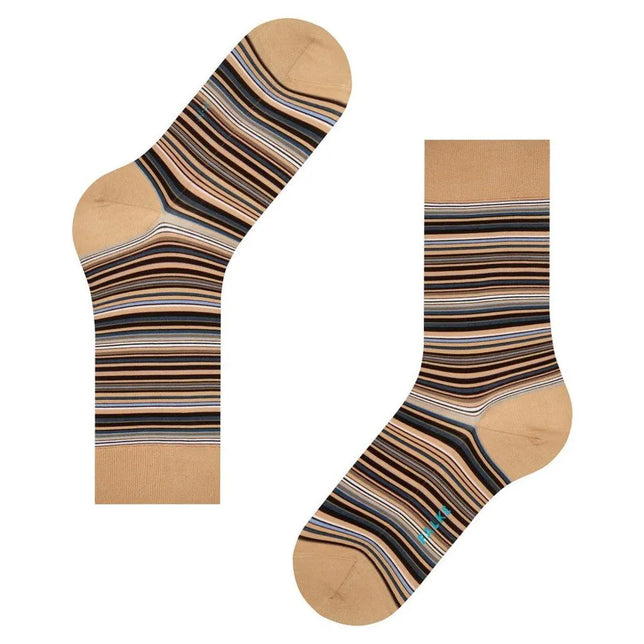 Falke Heren Sokken Microblock SO 14041 in beige met fijne horizontale strepen in zwart, blauw en bruin. - Jambelles