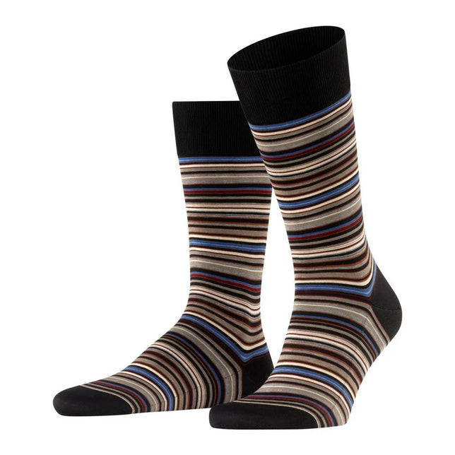 Falke heren sokken Microblock SO 14041 in zwart met fijne horizontale strepen in blauw, beige, rood en wit. - Jambelles