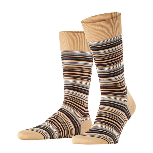 Falke Heren Sokken Microblock SO 14041 in beige met fijne horizontale strepen in bruin, blauw, zwart en wit - Jambelles