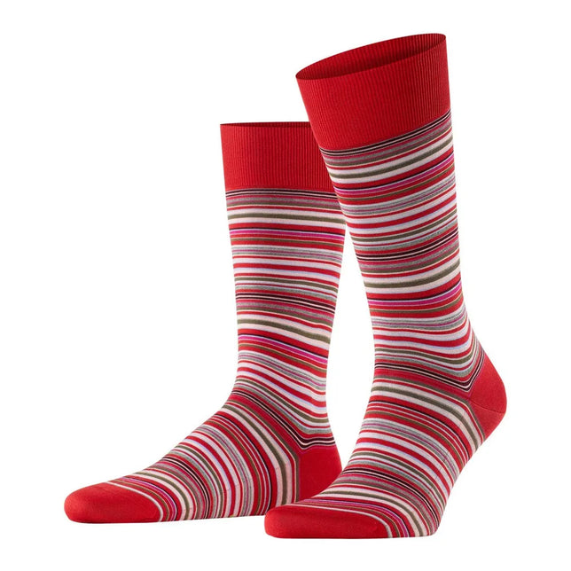 Falke heren sokken Microblock SO 14041 in rood met fijne horizontale strepen in wit, grijs, zwart en roze. - Jambelles