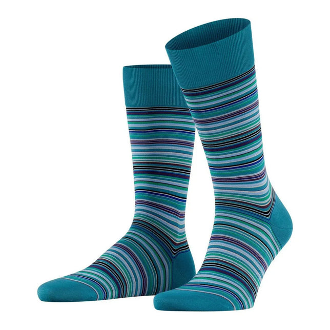 Paar Falke herensokken Microblock SO 14041 in turquoise met fijne horizontale strepen in blauw, groen, paars en zwart. - Jambelles