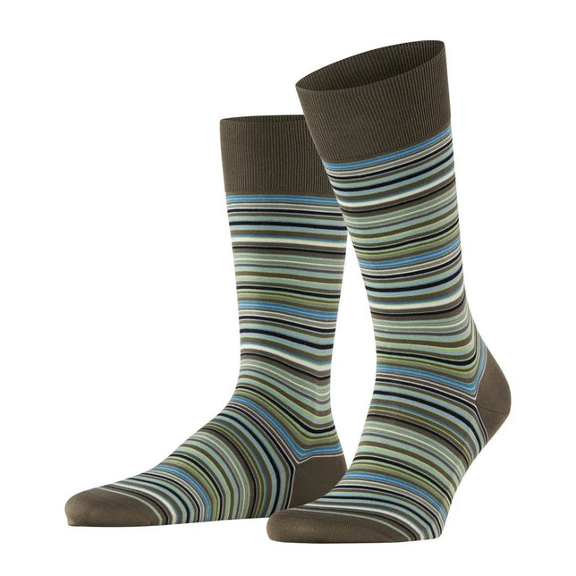 Falke heren sokken Microblock SO 14041 in bruin met fijne horizontale strepen in blauw, groen, zwart en wit. - Jambelles