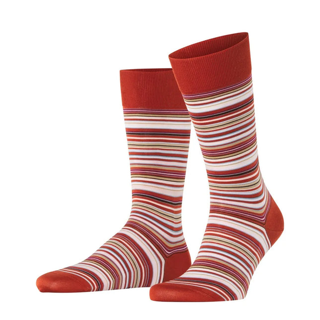 Falke heren sokken Microblock SO 14041 in rood met fijne horizontale strepen in wit, blauw, beige en bordeaux. - Jambelles