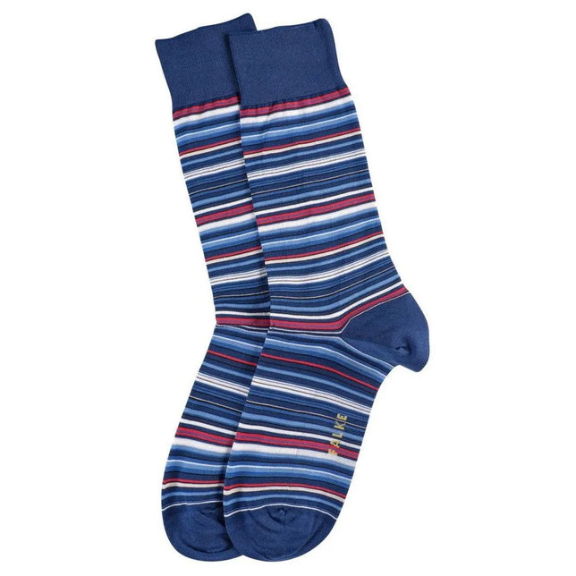 Paar Falke herensokken Microblock SO 14041 in donkerblauw met horizontale strepen in rood, wit en lichtblauw. - Jambelles