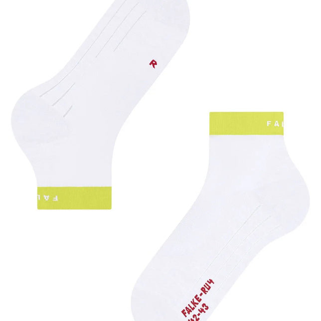 Falke RU4 Endurance Short herensokken in wit met neongele boorden, rode markeringen en subtiele ventilatielijnen. - Jambelles