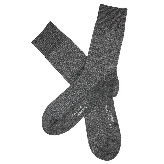 Gekruist paar Falke heren sokken Sen P Denim Sock 13330 in denimgrijs, met fijn gemêleerd dessin en effen boorden. - Jambelles